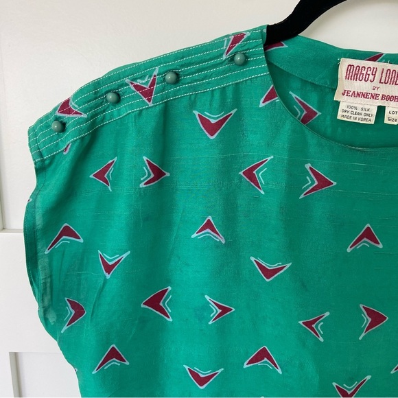 Vintage 80s Maggy London Silk Green Geometric Pattern Dress - Picture 3 of 7